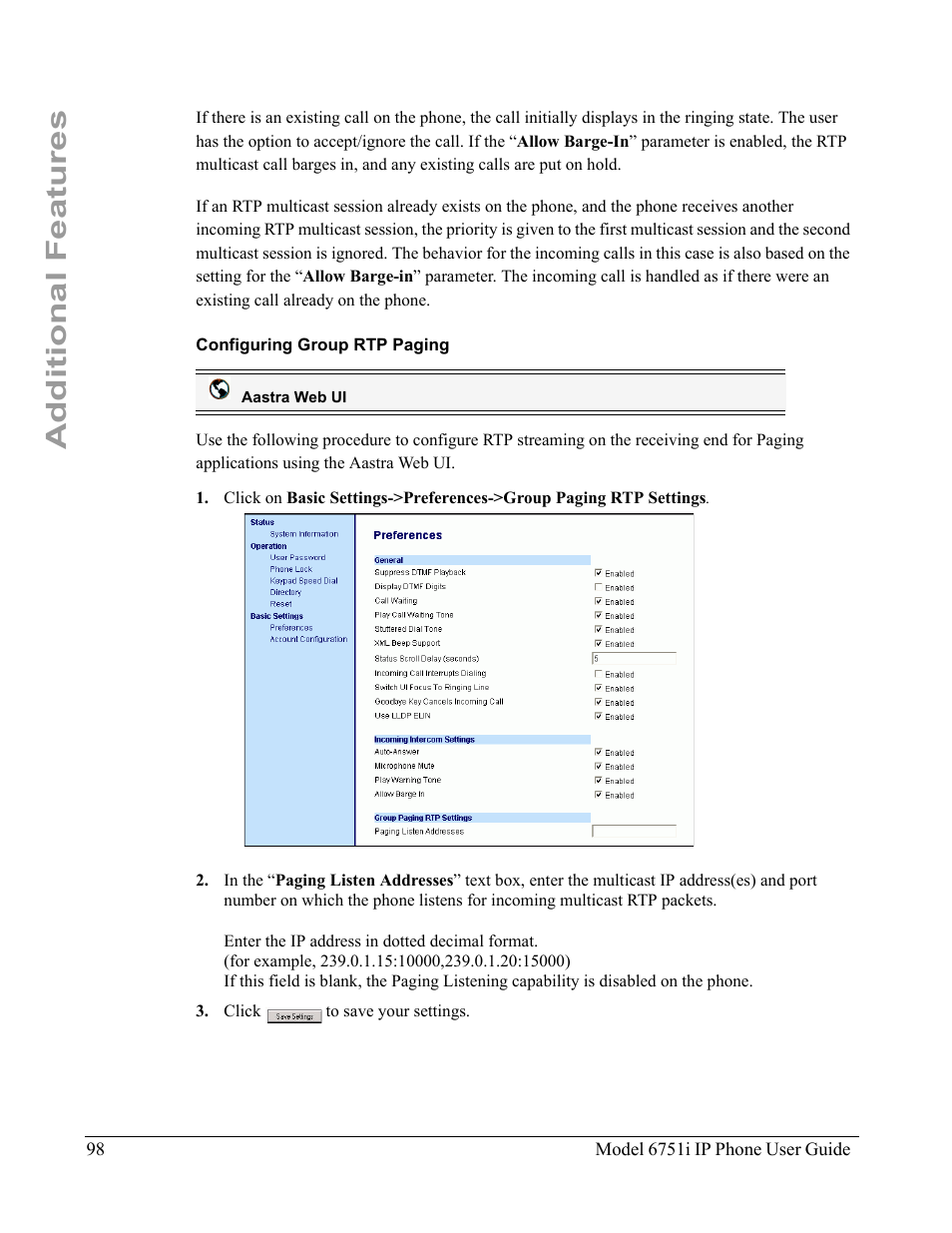 Configuring group rtp paging, Additional features | Aastra Telecom 6751I User Manual | Page 106 / 128