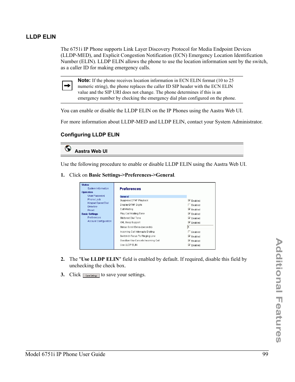 Lldp elin, Configuring lldp elin, Additional features | Aastra Telecom 6751I User Manual | Page 107 / 128