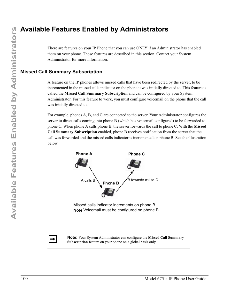 Available features enabled by administrators, Missed call summary subscription | Aastra Telecom 6751I User Manual | Page 108 / 128