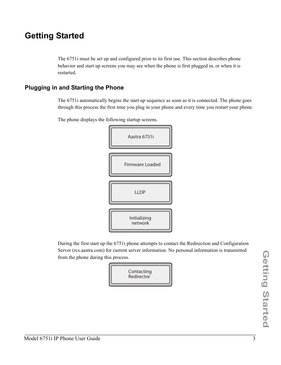 Getting started, Plugging in and starting the phone | Aastra Telecom 6751I User Manual | Page 11 / 128