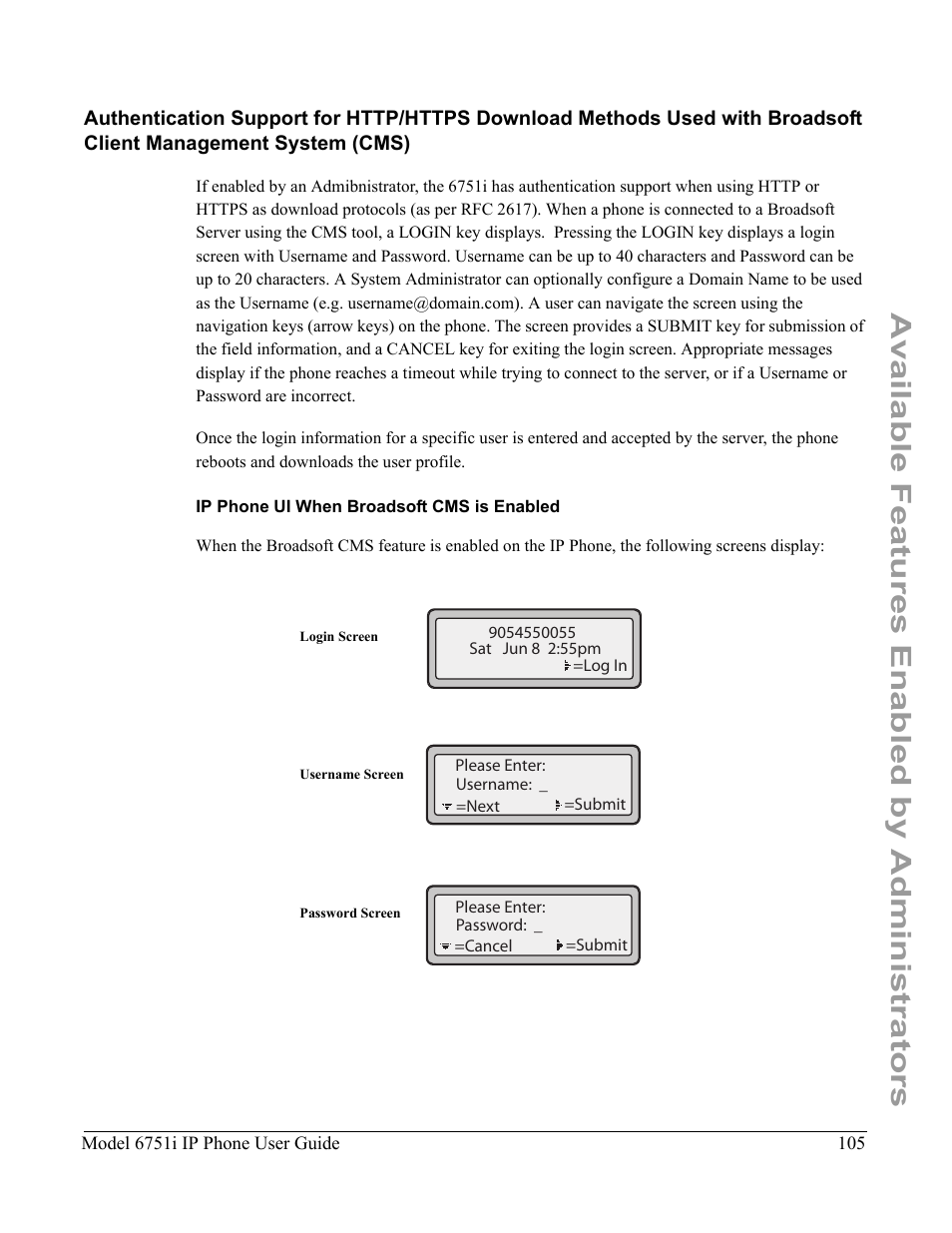 Ip phone ui when broadsoft cms is enabled, Available features enabled by administrators | Aastra Telecom 6751I User Manual | Page 113 / 128