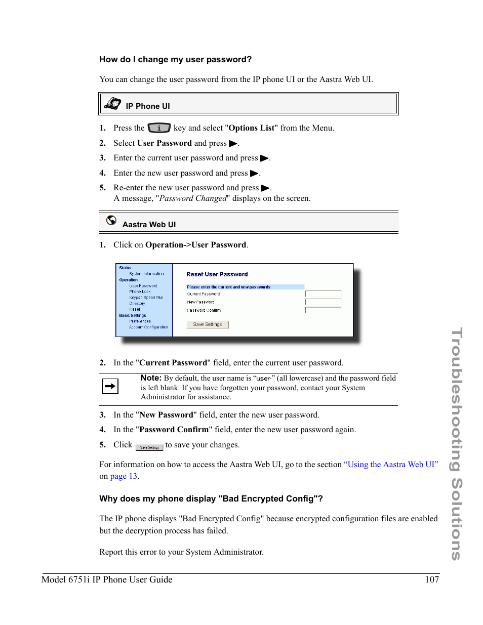 How do i change my user password, Why does my phone display "bad encrypted config, Troubleshooting solutions | Aastra Telecom 6751I User Manual | Page 115 / 128