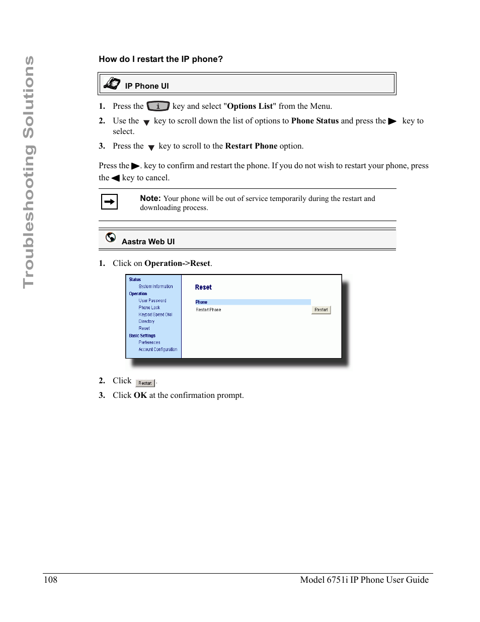 How do i restart the ip phone, Troubleshooting solutions | Aastra Telecom 6751I User Manual | Page 116 / 128