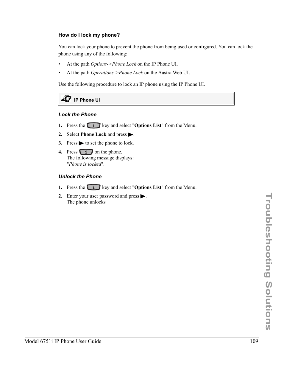 How do i lock my phone, Lock the phone, Unlock the phone | Troubleshooting solutions | Aastra Telecom 6751I User Manual | Page 117 / 128