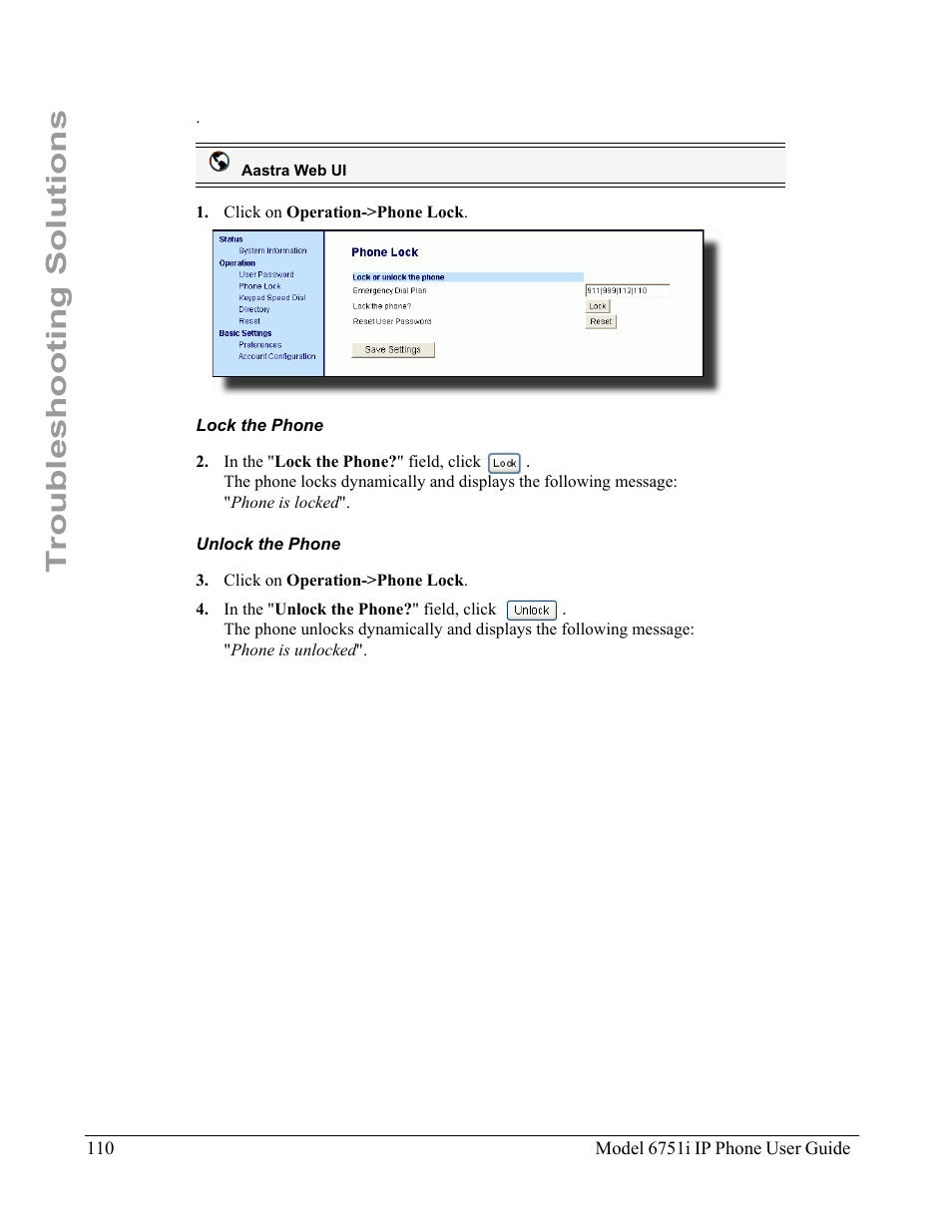 Lock the phone, Unlock the phone, Troubleshooting solutions | Aastra Telecom 6751I User Manual | Page 118 / 128