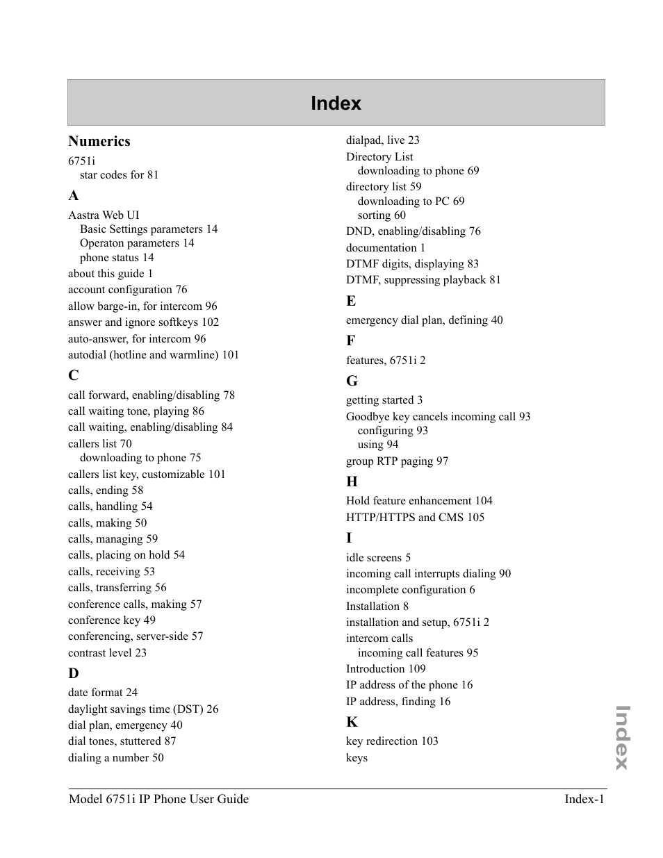 Index | Aastra Telecom 6751I User Manual | Page 125 / 128