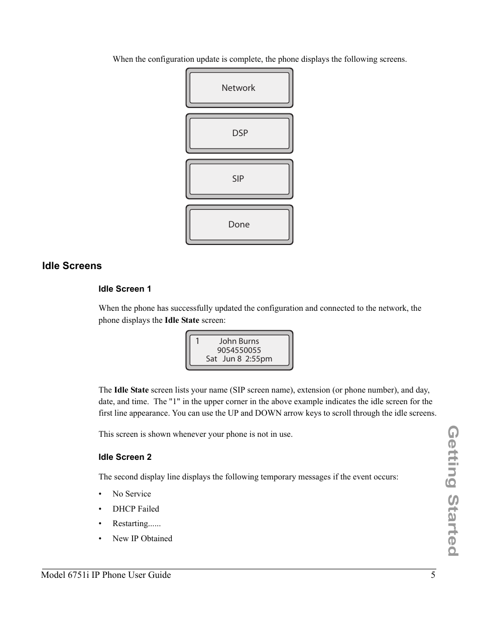 Idle screens, Idle screen 1, Idle screen 2 | Getting started | Aastra Telecom 6751I User Manual | Page 13 / 128