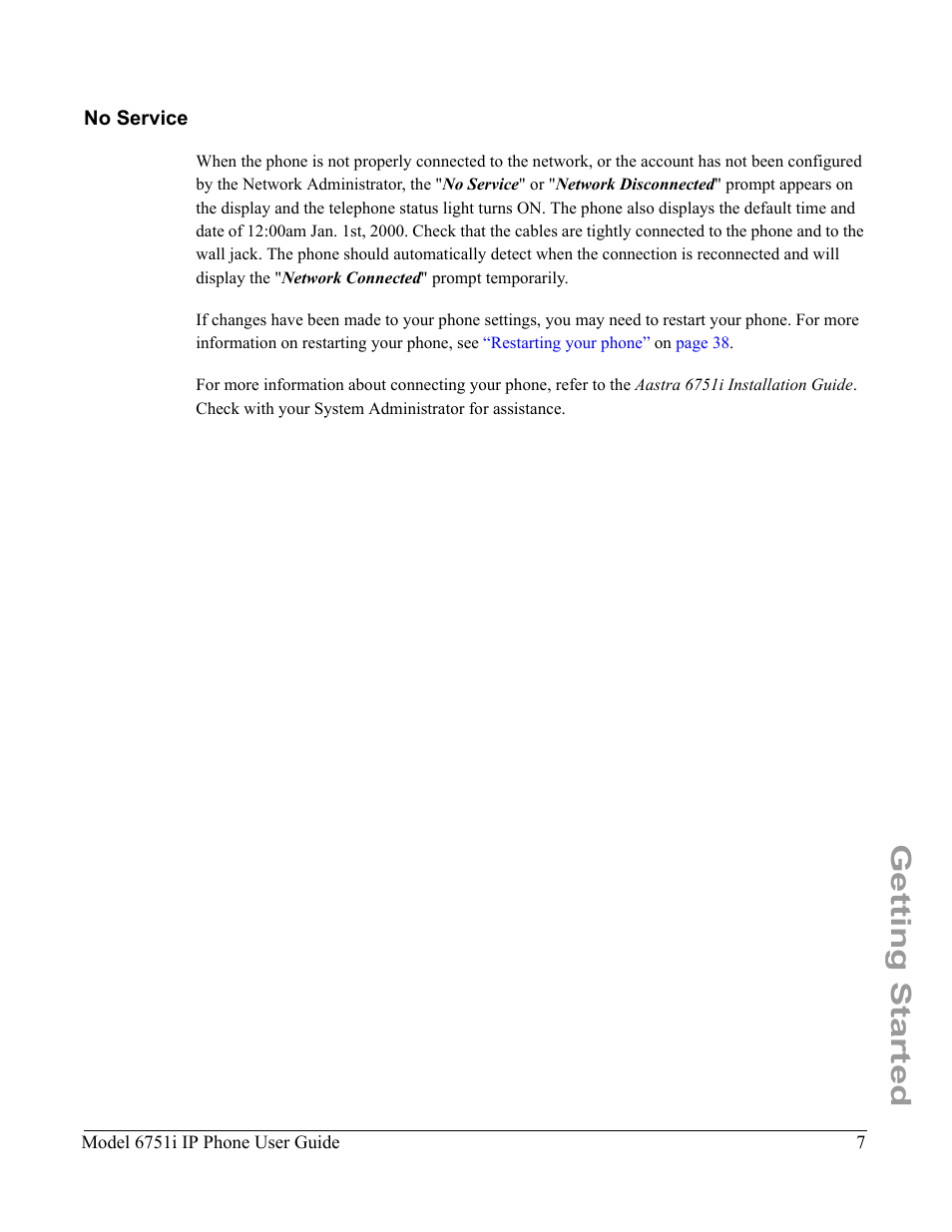 No service, Getting started | Aastra Telecom 6751I User Manual | Page 15 / 128