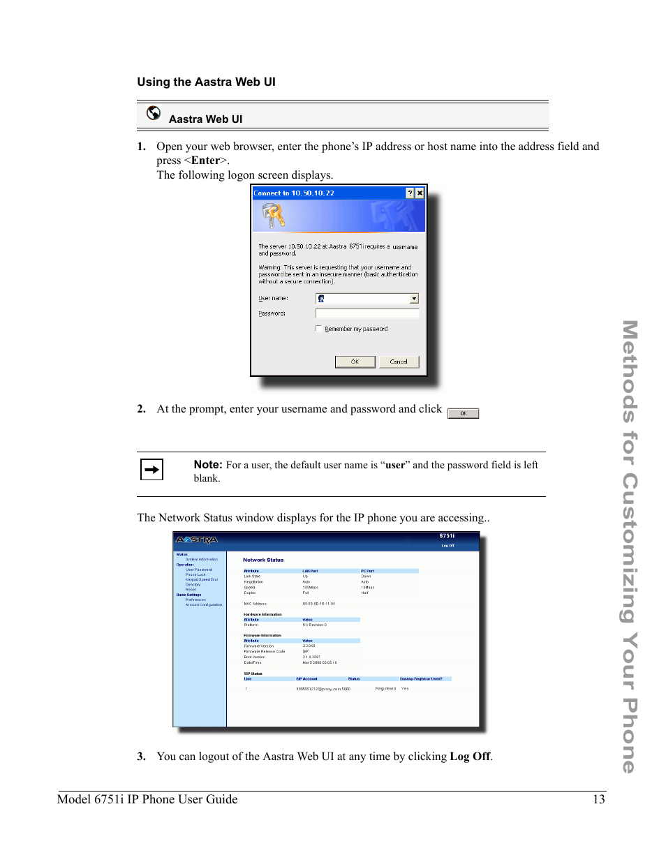 Using the aastra web ui, Methods for customizing your phone | Aastra Telecom 6751I User Manual | Page 21 / 128
