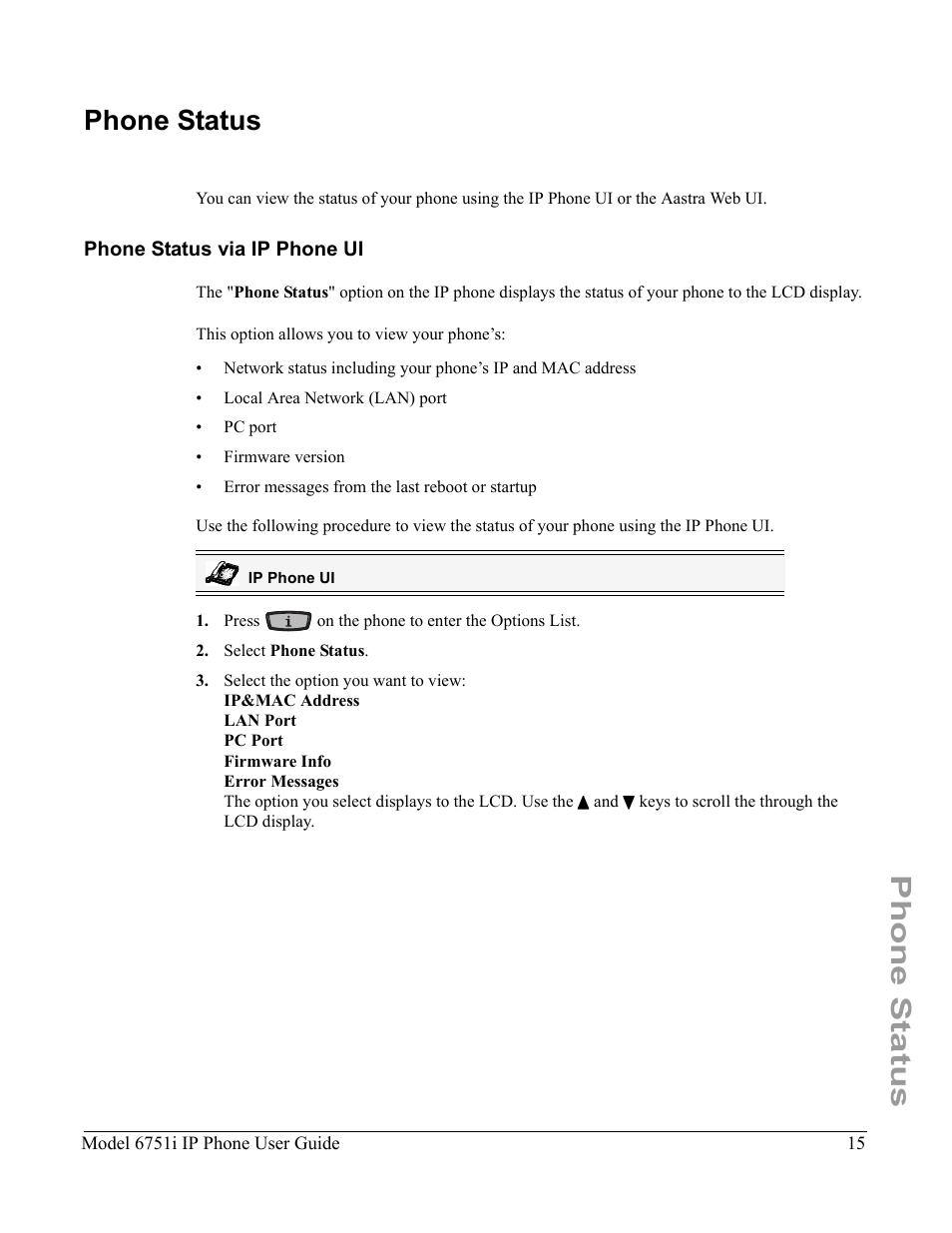 Phone status, Phone status via ip phone ui | Aastra Telecom 6751I User Manual | Page 23 / 128