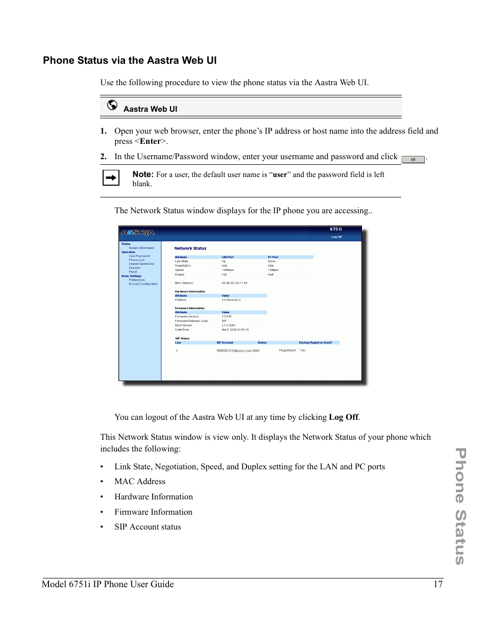Phone status via the aastra web ui, Phone status | Aastra Telecom 6751I User Manual | Page 25 / 128