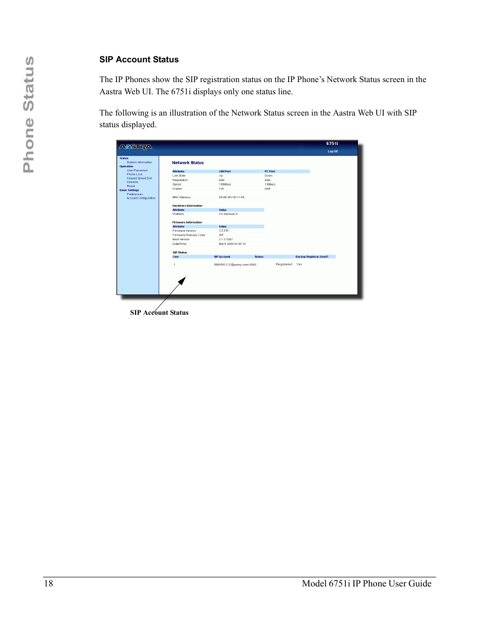 Sip account status, Phone status | Aastra Telecom 6751I User Manual | Page 26 / 128
