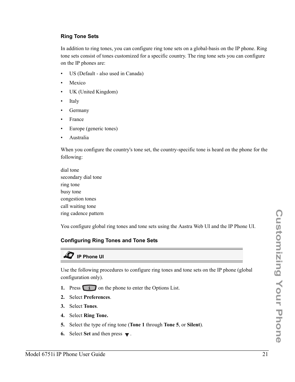 Ring tone sets, Configuring ring tones and tone sets, Customizing your phone | Aastra Telecom 6751I User Manual | Page 29 / 128