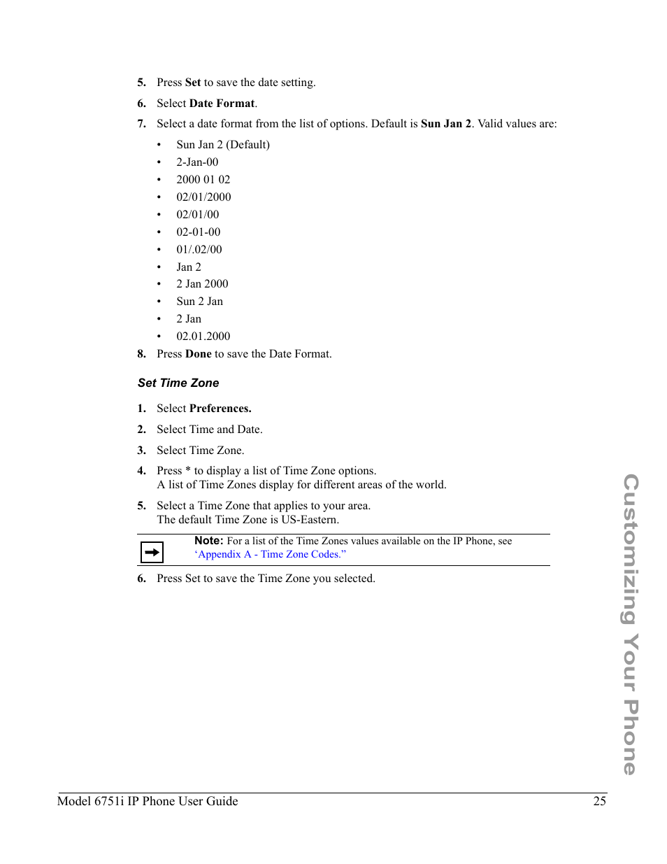 Set time zone, Customizing your phone | Aastra Telecom 6751I User Manual | Page 33 / 128