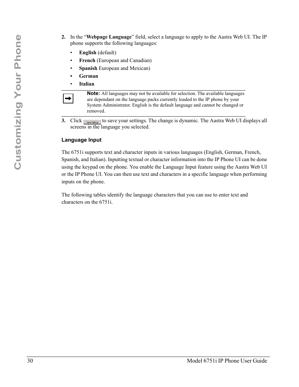 Language input, Customizing your phone | Aastra Telecom 6751I User Manual | Page 38 / 128