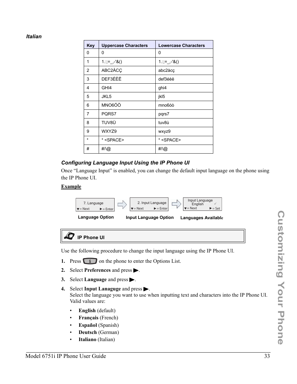 Italian, Configuring language input using the ip phone ui, Customizing your phone | Aastra Telecom 6751I User Manual | Page 41 / 128