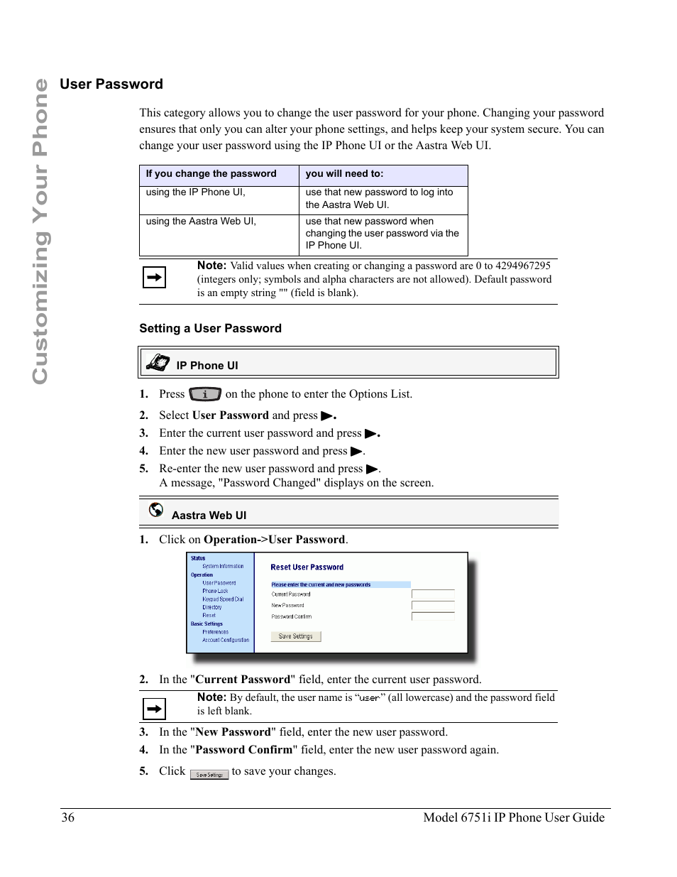 User password, Setting a user password, Customizing your phone | Aastra Telecom 6751I User Manual | Page 44 / 128