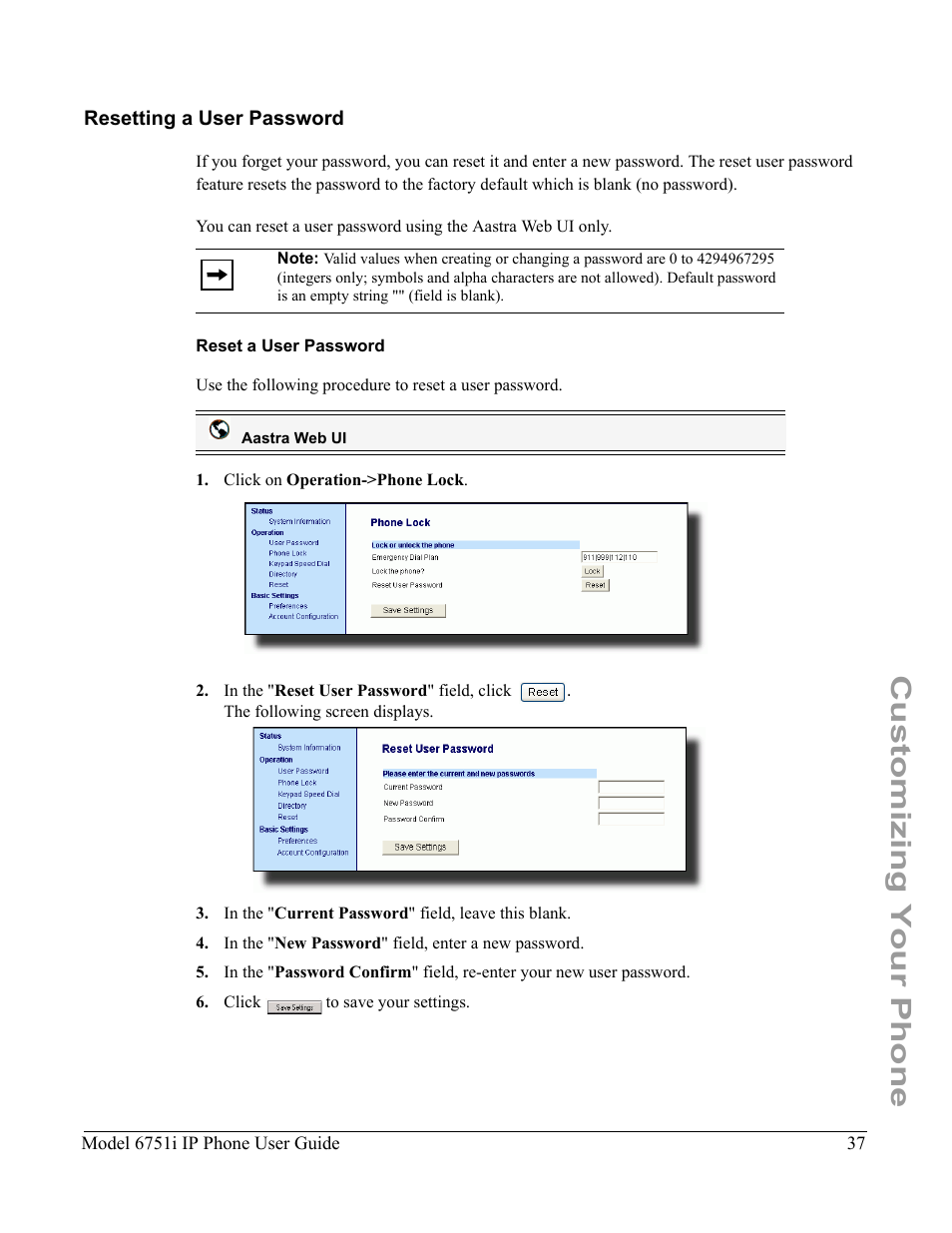 Resetting a user password, Reset a user password, Customizing your phone | Aastra Telecom 6751I User Manual | Page 45 / 128