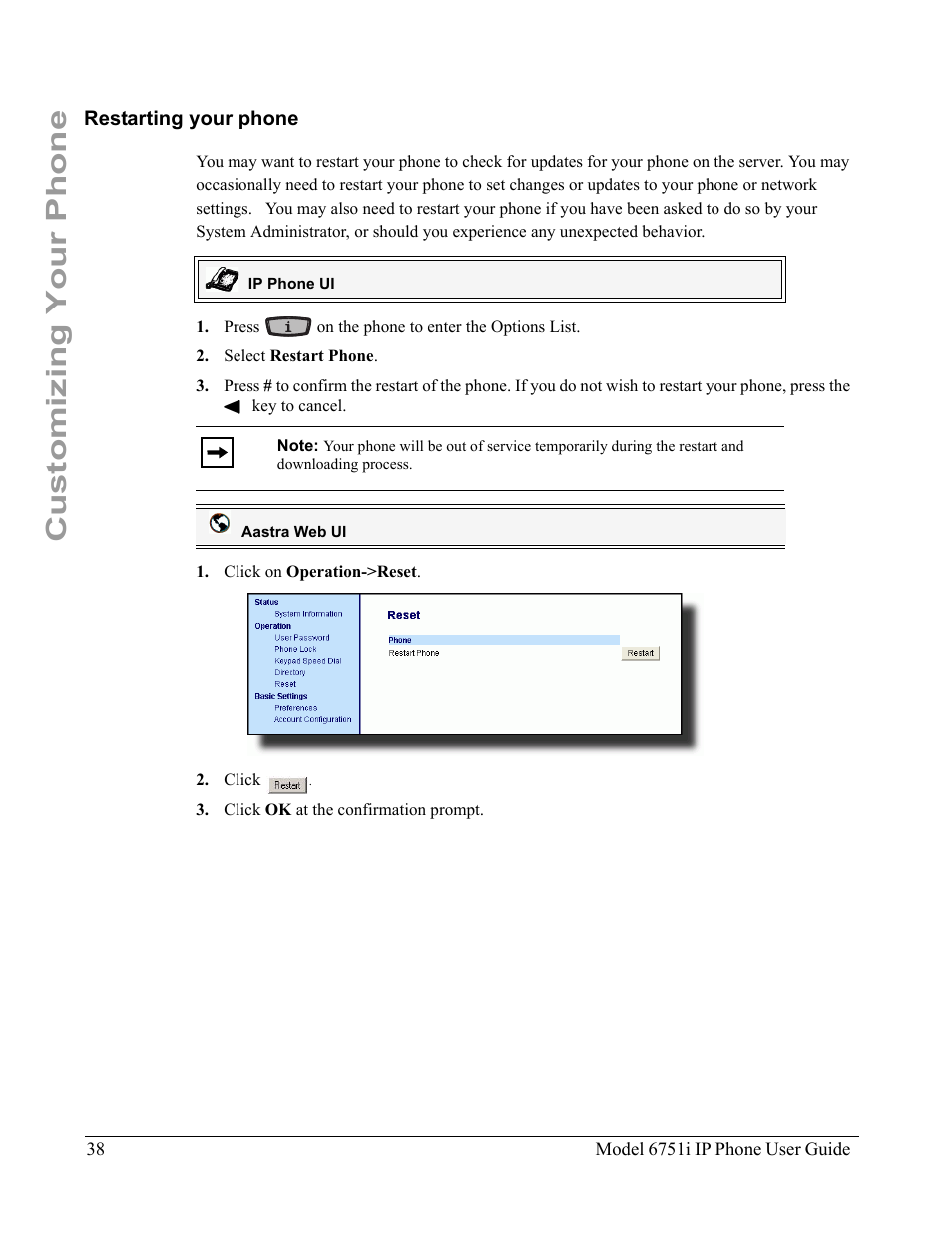 Restarting your phone, Customizing your phone | Aastra Telecom 6751I User Manual | Page 46 / 128
