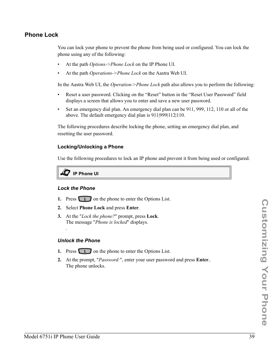 Phone lock, Locking/unlocking a phone, Lock the phone | Unlock the phone, Customizing your phone | Aastra Telecom 6751I User Manual | Page 47 / 128