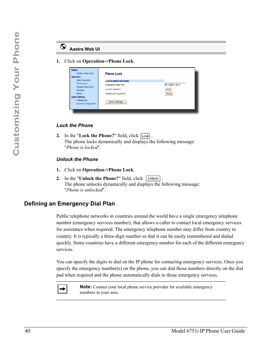 Lock the phone, Unlock the phone, Defining an emergency dial plan | Customizing your phone | Aastra Telecom 6751I User Manual | Page 48 / 128