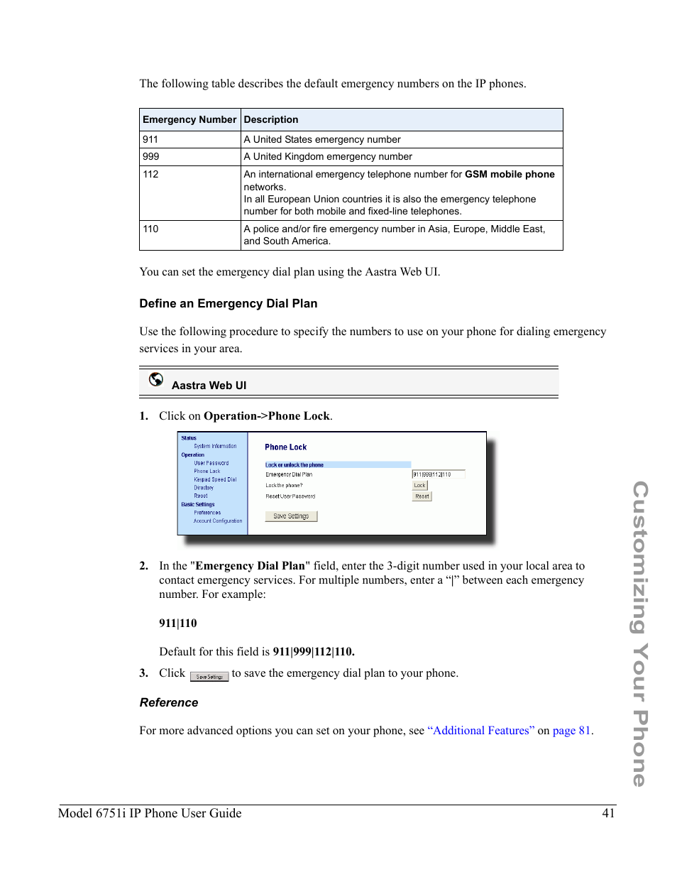 Define an emergency dial plan, Reference, Customizing your phone | Aastra Telecom 6751I User Manual | Page 49 / 128