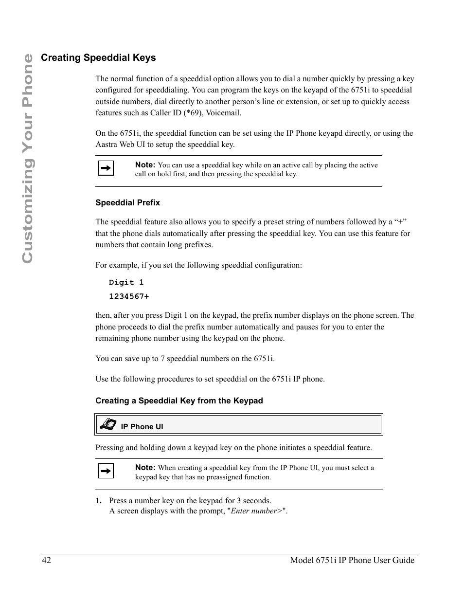 Creating speeddial keys, Speeddial prefix, Creating a speeddial key from the keypad | Customizing your phone | Aastra Telecom 6751I User Manual | Page 50 / 128