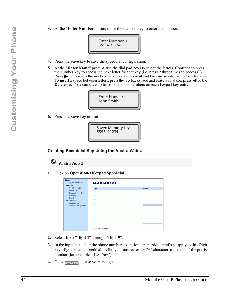 Creating speeddial key using the aastra web ui, Customizing your phone | Aastra Telecom 6751I User Manual | Page 52 / 128