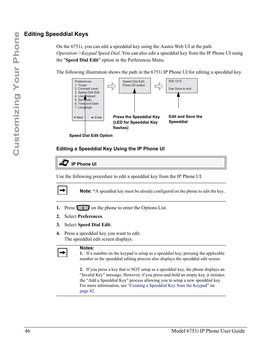 Editing speeddial keys, Editing a speeddial key using the ip phone ui, Customizing your phone | Aastra Telecom 6751I User Manual | Page 54 / 128