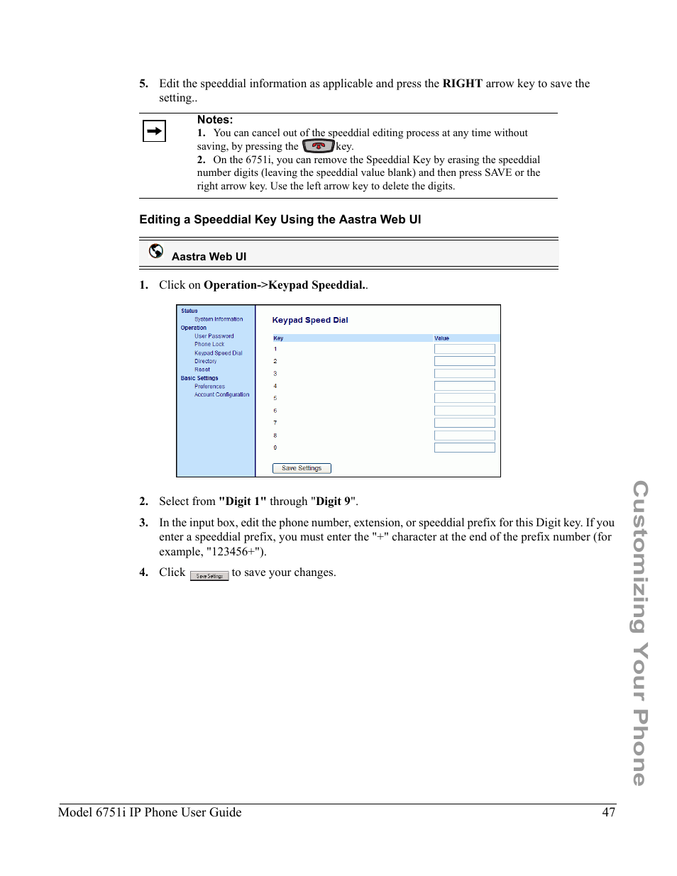 Editing a speeddial key using the aastra web ui, Customizing your phone | Aastra Telecom 6751I User Manual | Page 55 / 128