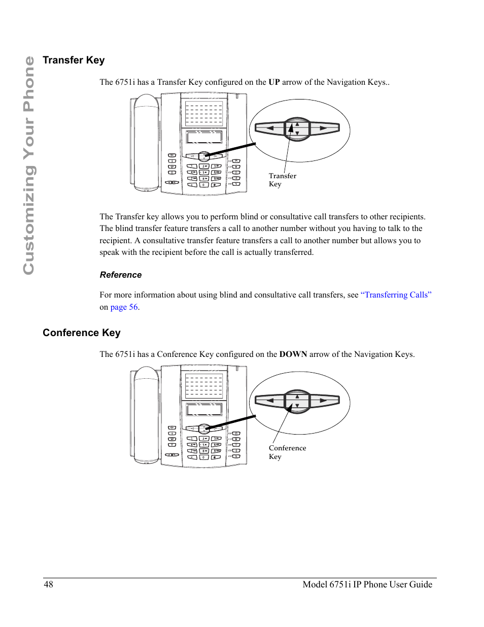 Transfer key, Reference, Conference key | Transfer key conference key, Customizing your phone | Aastra Telecom 6751I User Manual | Page 56 / 128