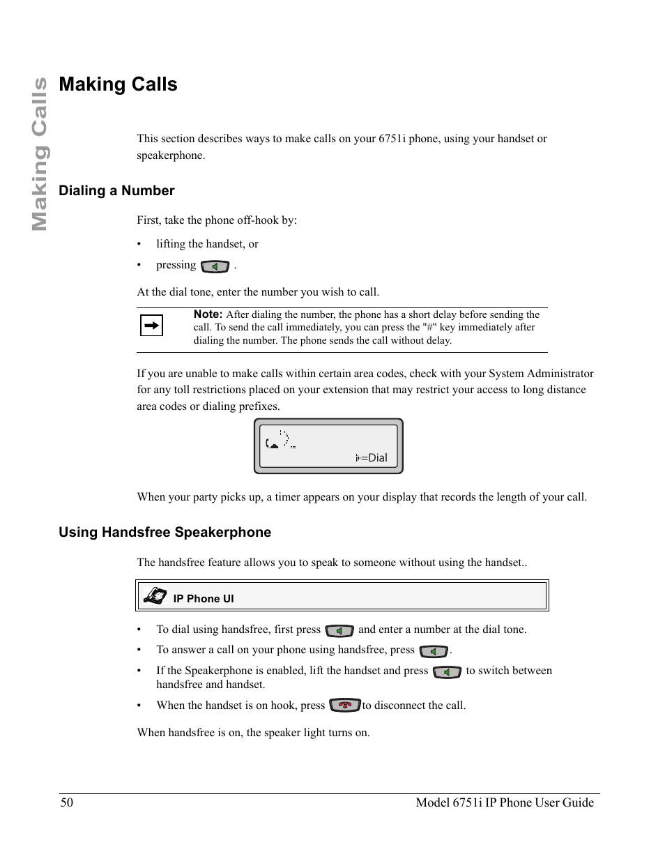 Making calls, Dialing a number, Using handsfree speakerphone | Dialing a number using handsfree speakerphone | Aastra Telecom 6751I User Manual | Page 58 / 128