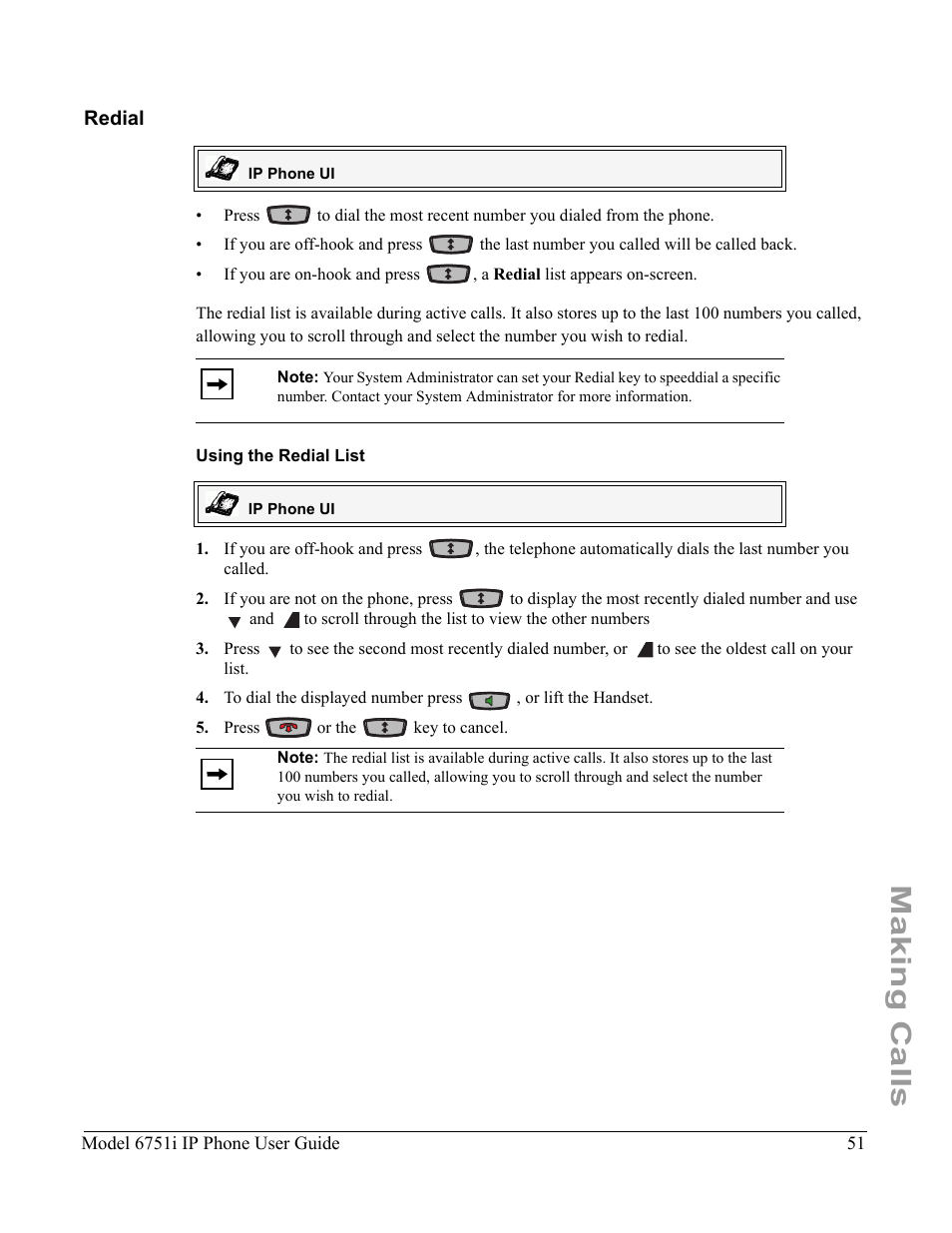 Redial, Using the redial list, Making calls | Aastra Telecom 6751I User Manual | Page 59 / 128