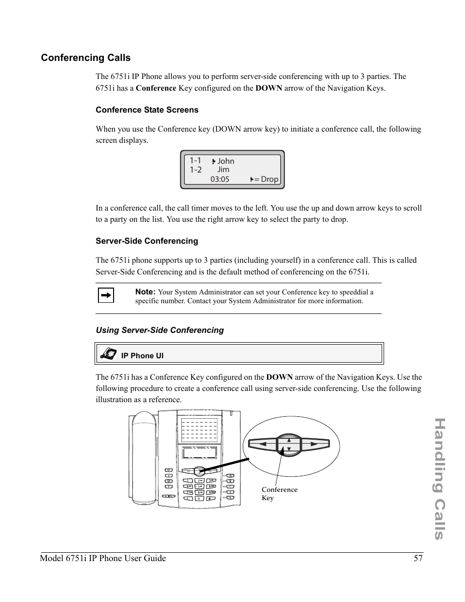 Conferencing calls, Conference state screens, Server-side conferencing | Using server-side conferencing, Handling calls | Aastra Telecom 6751I User Manual | Page 65 / 128