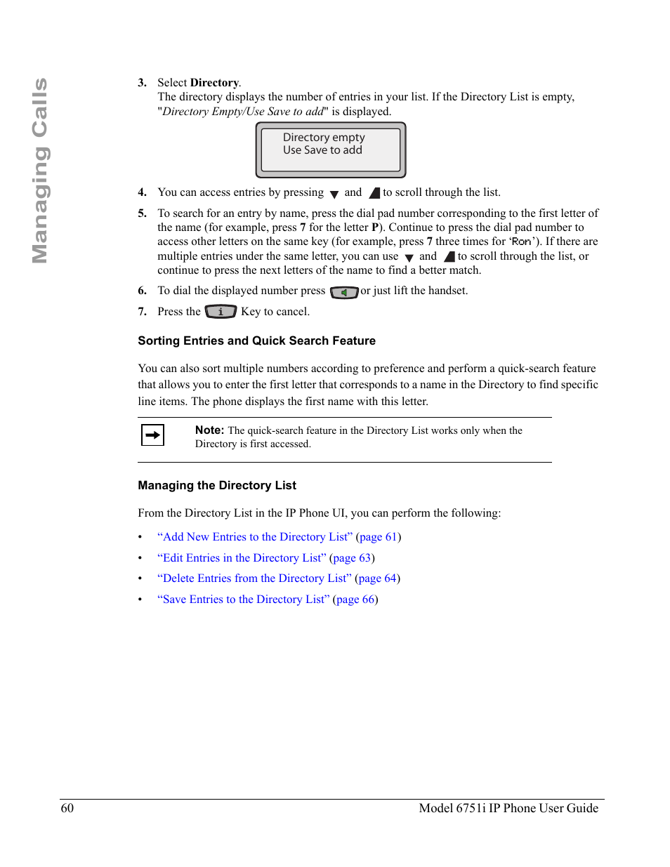 Sorting entries and quick search feature, Managing the directory list, Managing calls | Aastra Telecom 6751I User Manual | Page 68 / 128