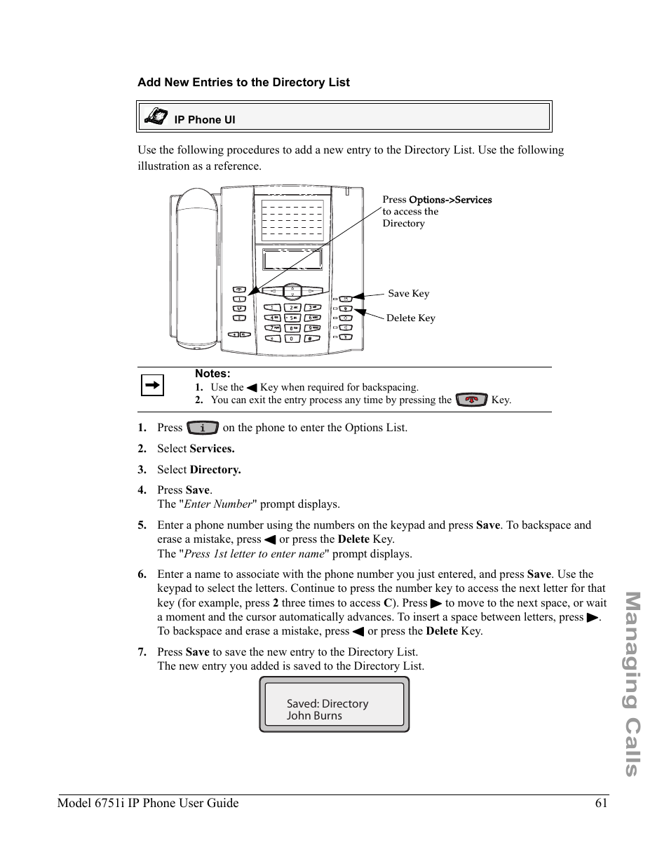 Add new entries to the directory list, Managing calls | Aastra Telecom 6751I User Manual | Page 69 / 128