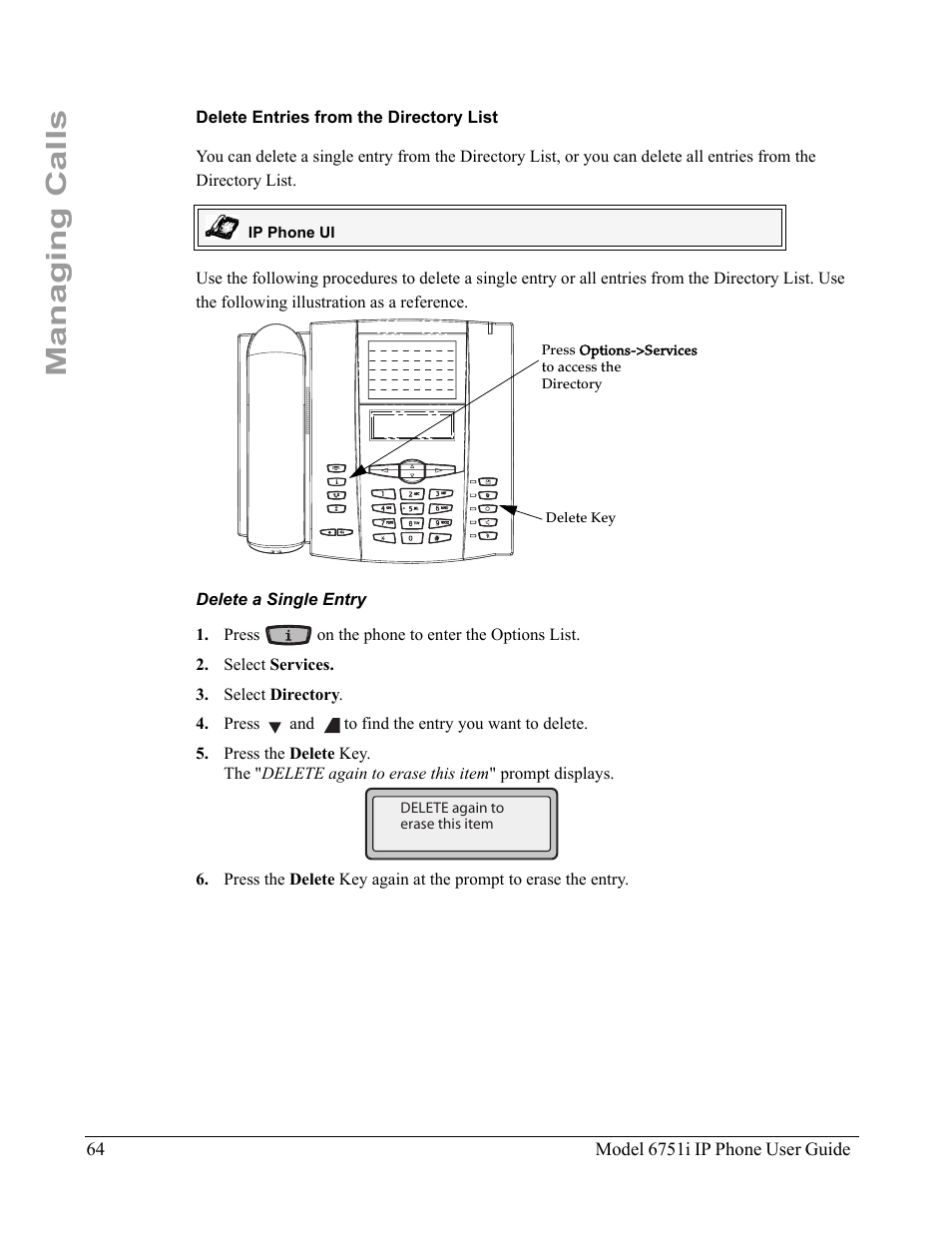 Delete entries from the directory list, Delete a single entry, Managing calls | Aastra Telecom 6751I User Manual | Page 72 / 128