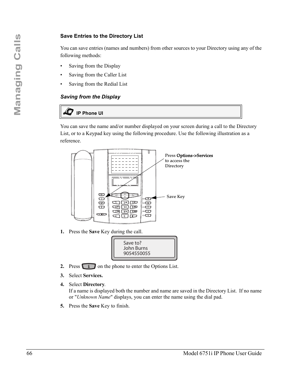 Save entries to the directory list, Saving from the display, Managing calls | Aastra Telecom 6751I User Manual | Page 74 / 128