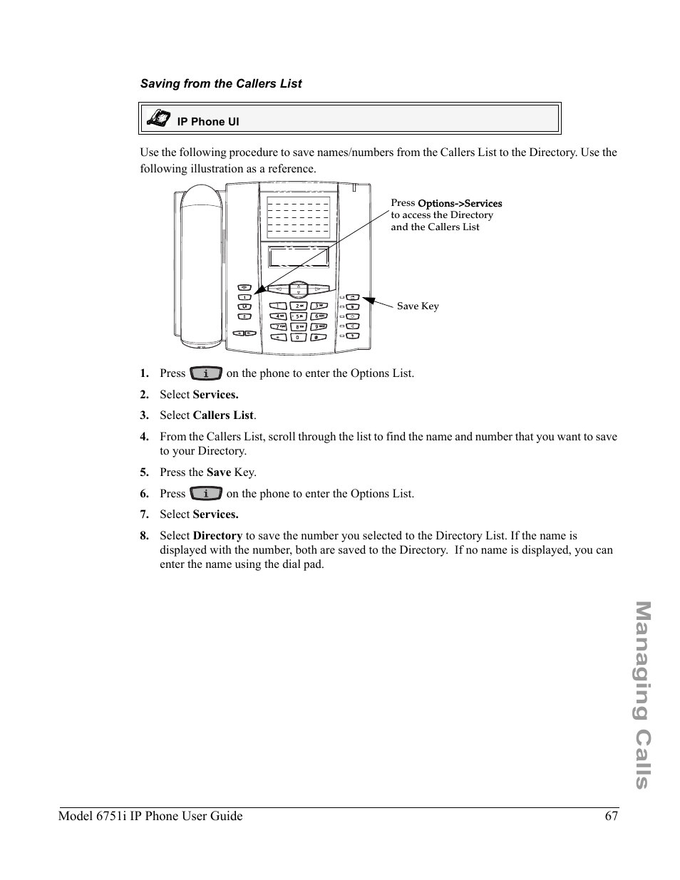 Saving from the callers list, Managing calls | Aastra Telecom 6751I User Manual | Page 75 / 128