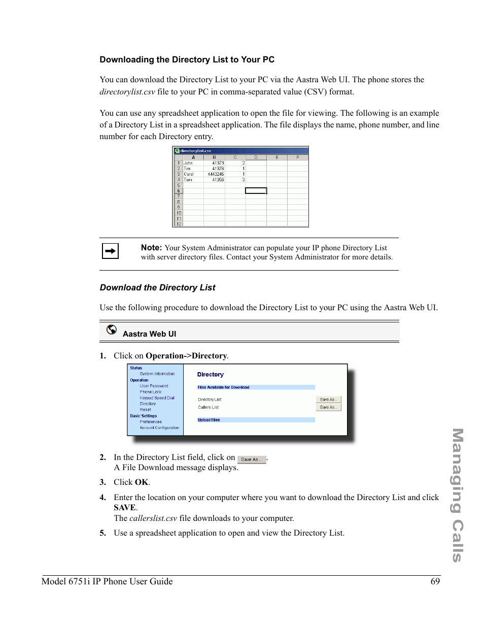 Downloading the directory list to your pc, Download the directory list, Managing calls | Aastra Telecom 6751I User Manual | Page 77 / 128
