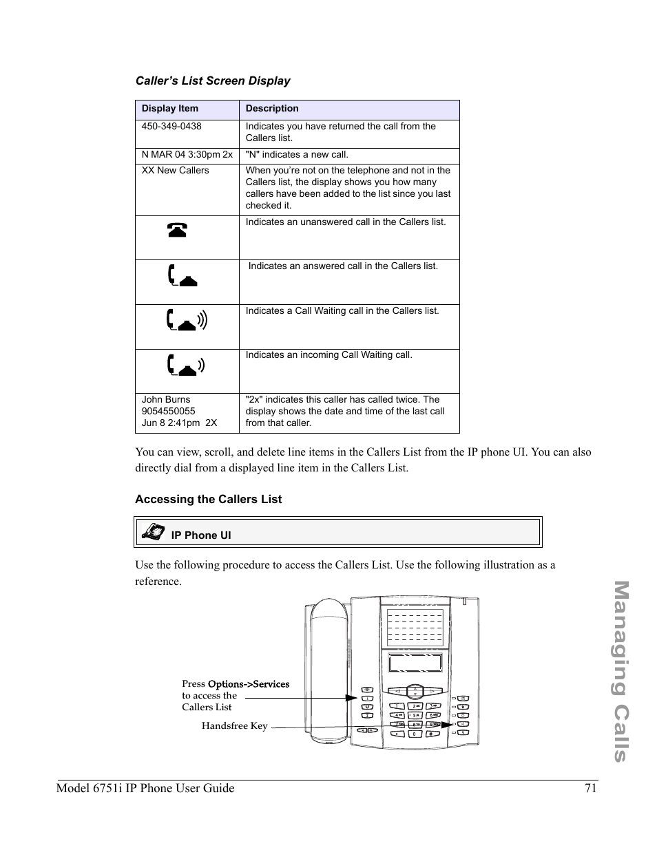 Caller’s list screen display, Accessing the callers list, Managing calls | Aastra Telecom 6751I User Manual | Page 79 / 128