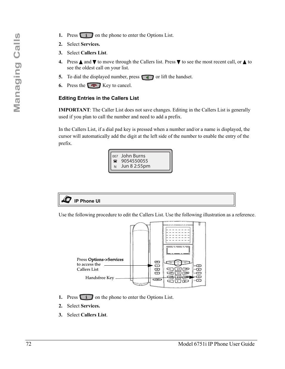 Editing entries in the callers list, Managing calls | Aastra Telecom 6751I User Manual | Page 80 / 128