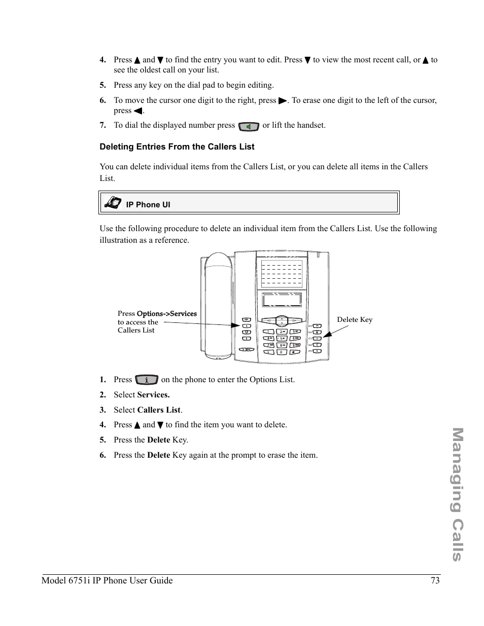 Deleting entries from the callers list, Managing calls | Aastra Telecom 6751I User Manual | Page 81 / 128
