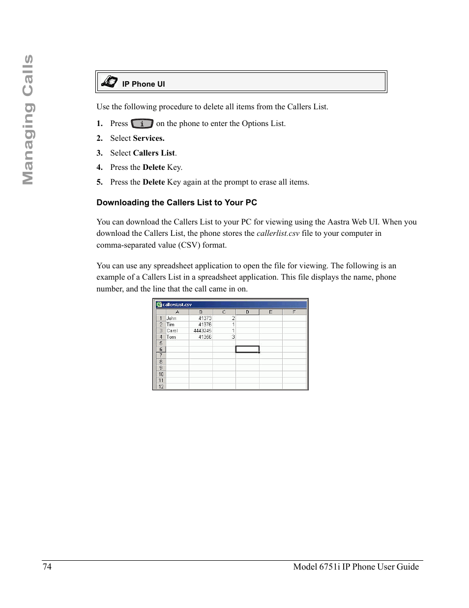 Downloading the callers list to your pc, Managing calls | Aastra Telecom 6751I User Manual | Page 82 / 128