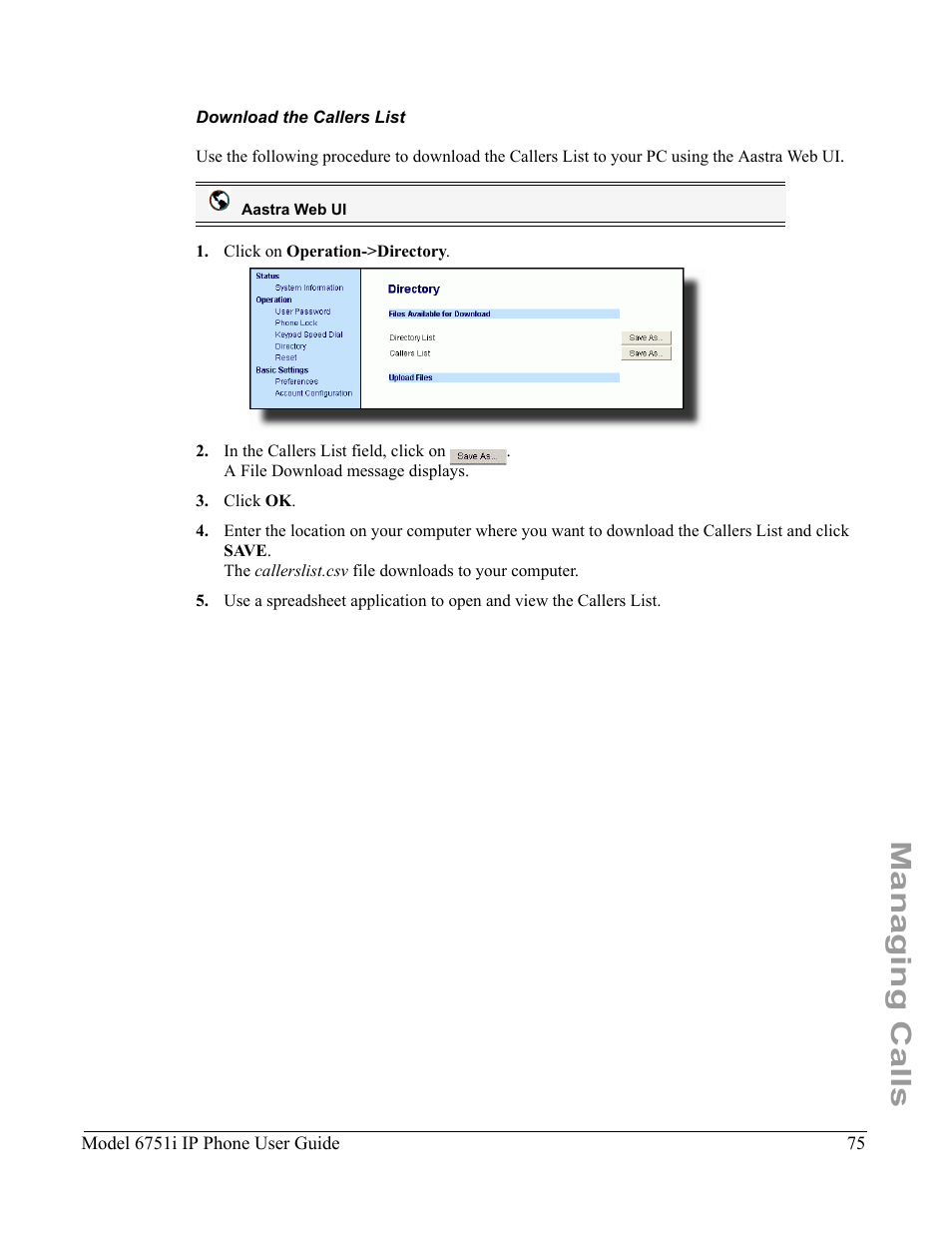 Download the callers list, Managing calls | Aastra Telecom 6751I User Manual | Page 83 / 128