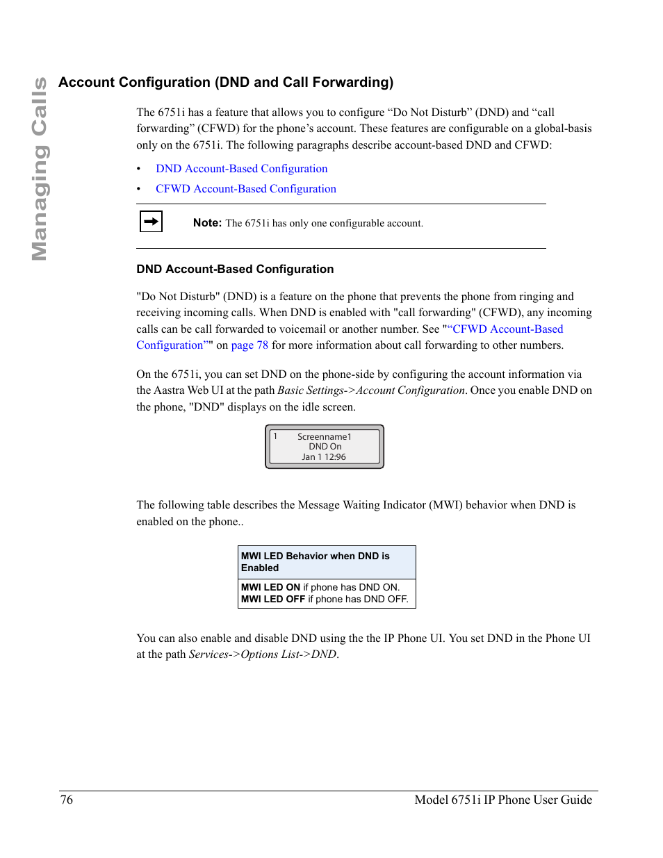 Account configuration (dnd and call forwarding), Dnd account-based configuration, Managing calls | Aastra Telecom 6751I User Manual | Page 84 / 128