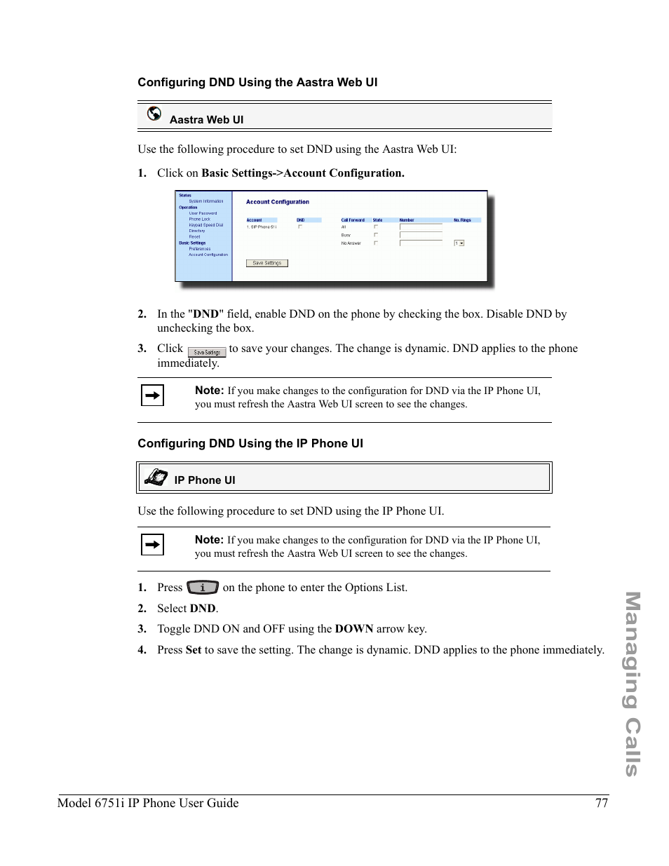 Configuring dnd using the aastra web ui, Configuring dnd using the ip phone ui, Managing calls | Aastra Telecom 6751I User Manual | Page 85 / 128