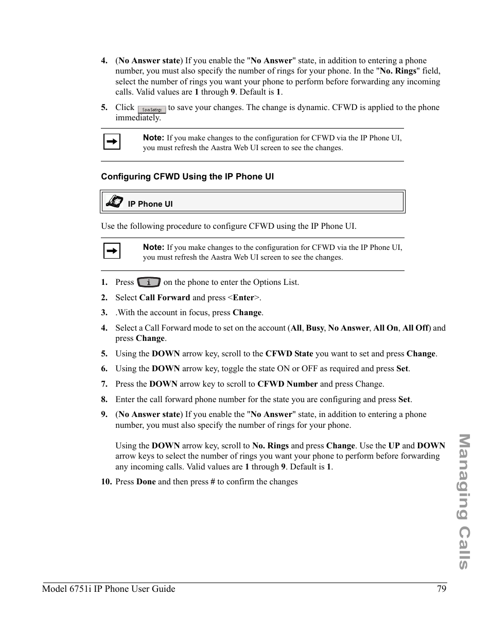Configuring cfwd using the ip phone ui, Managing calls | Aastra Telecom 6751I User Manual | Page 87 / 128