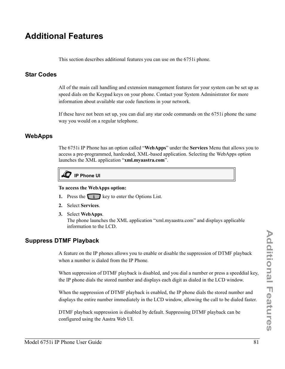 Additional features, Star codes, Webapps | Suppress dtmf playback, Star codes webapps suppress dtmf playback | Aastra Telecom 6751I User Manual | Page 89 / 128