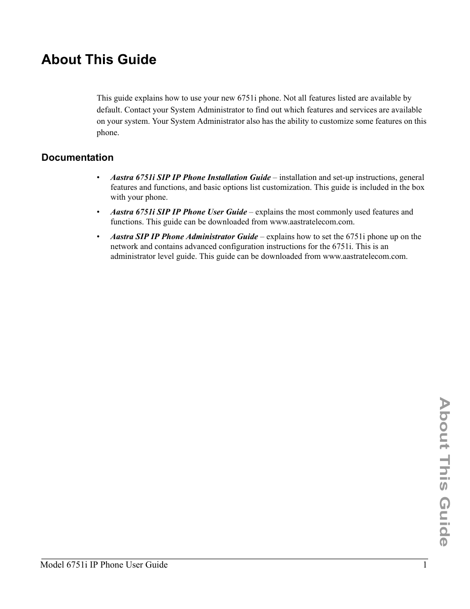 About this guide, Documentation | Aastra Telecom 6751I User Manual | Page 9 / 128